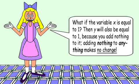 What if the variable x is equal to 1? Then y will also be equal to 1, because you add nothing to it; adding nothing to anything makes no change!